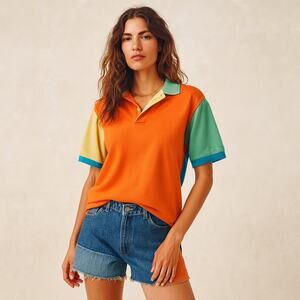 Vintage 90s Lands’ End Colorblock Polo Top Women’s M/L Retro Prep